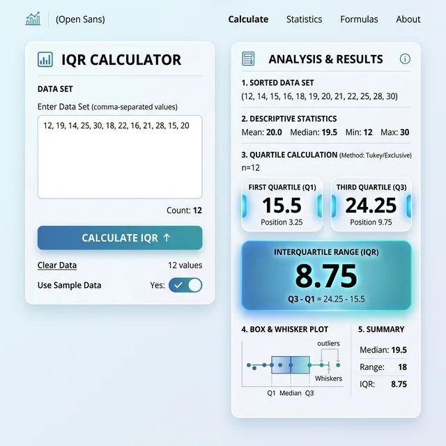 Free IQR calculator interface. Calculate interquartile range and detect statistical outliers with the 1.5 IQR rule. Essential for statistics students.