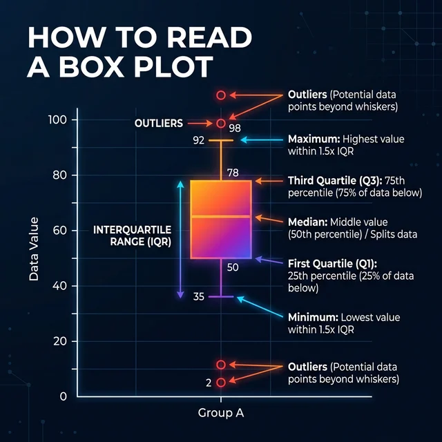 Educational diagram explaining how to read a box and whisker plot, showing minimum, first quartile (Q1), median, third quartile (Q3), maximum, and outliers. Learn box plot interpretation basics.